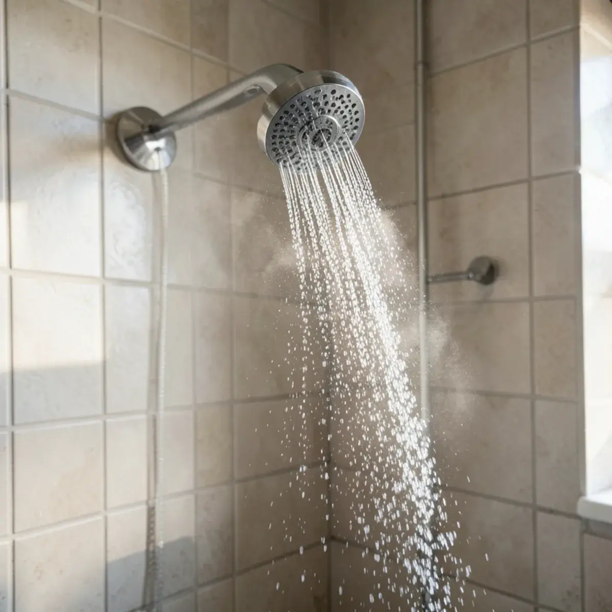 Hot water flowing from a shower head