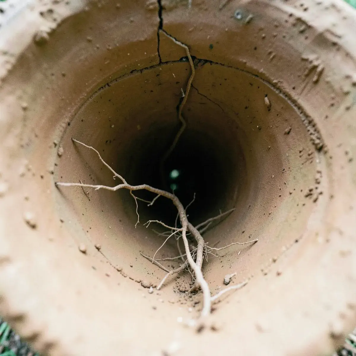 Tree roots growing into a sewer pipe joint