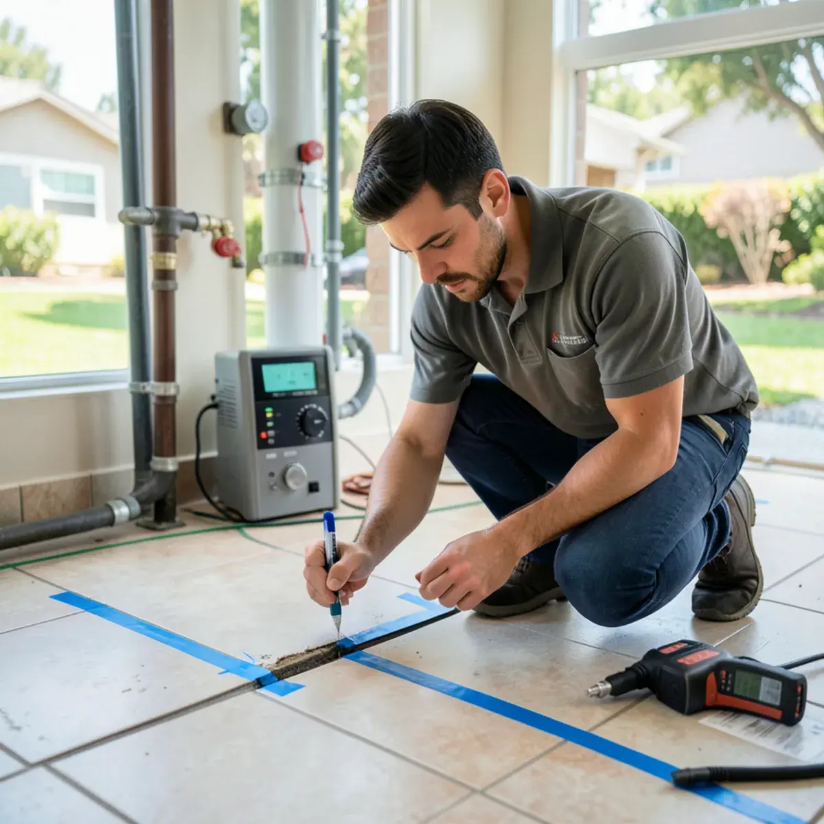 Technician marking the location of a slab leak on a tile floor