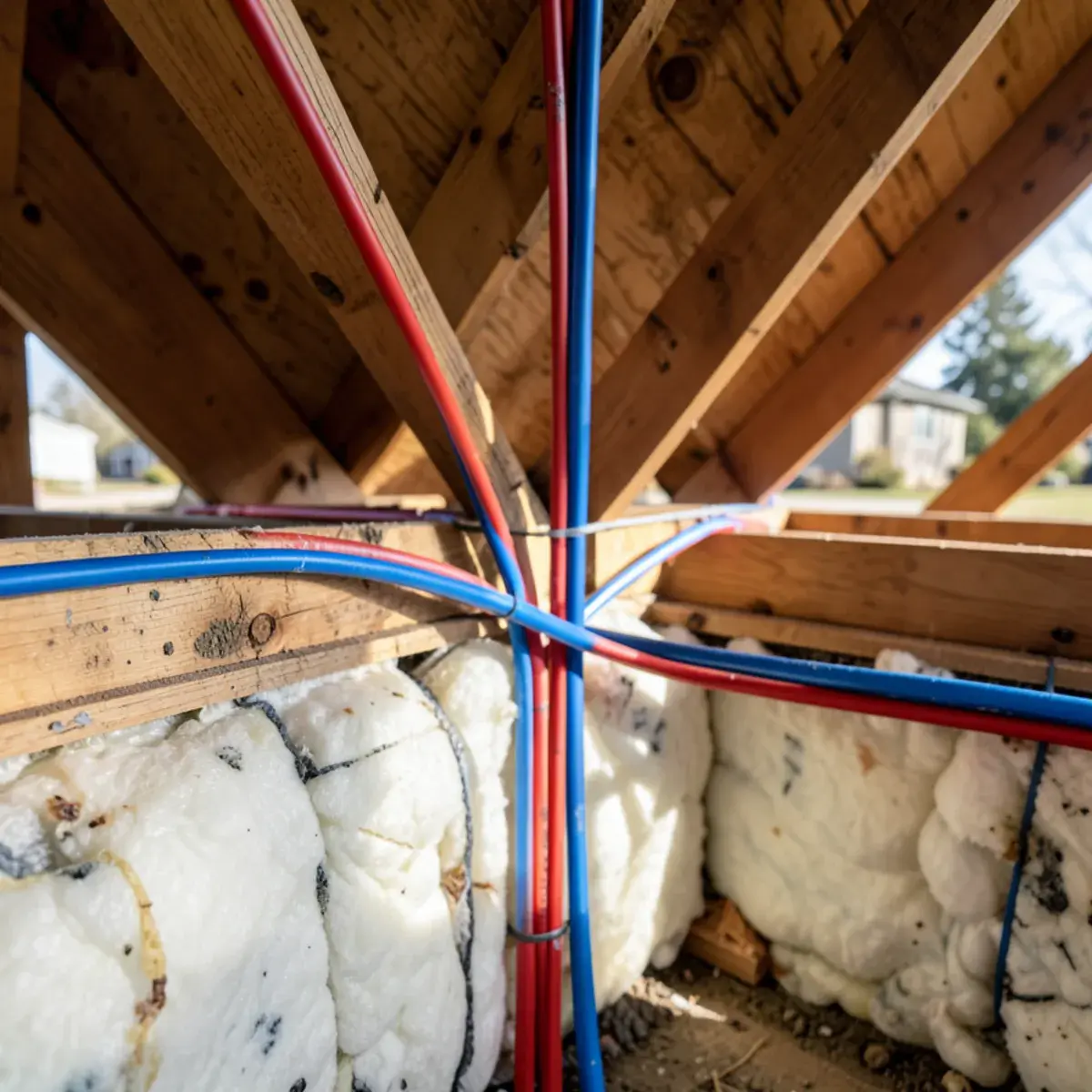 PEX lines rerouted through an attic to bypass a slab leak
