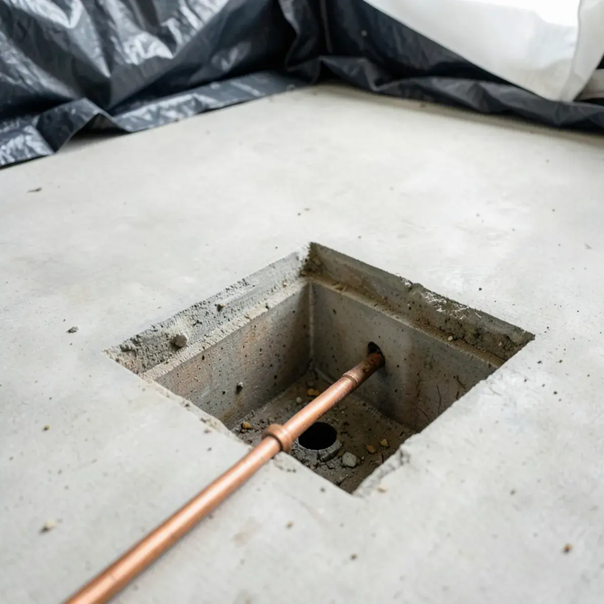 Small slab opening exposing a leaking copper line