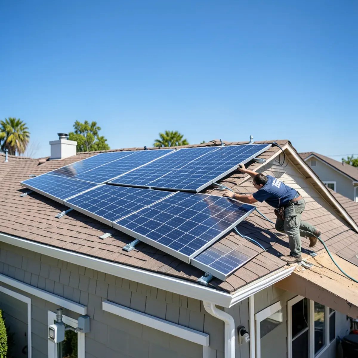 Technician securing solar water heating collectors on a roof