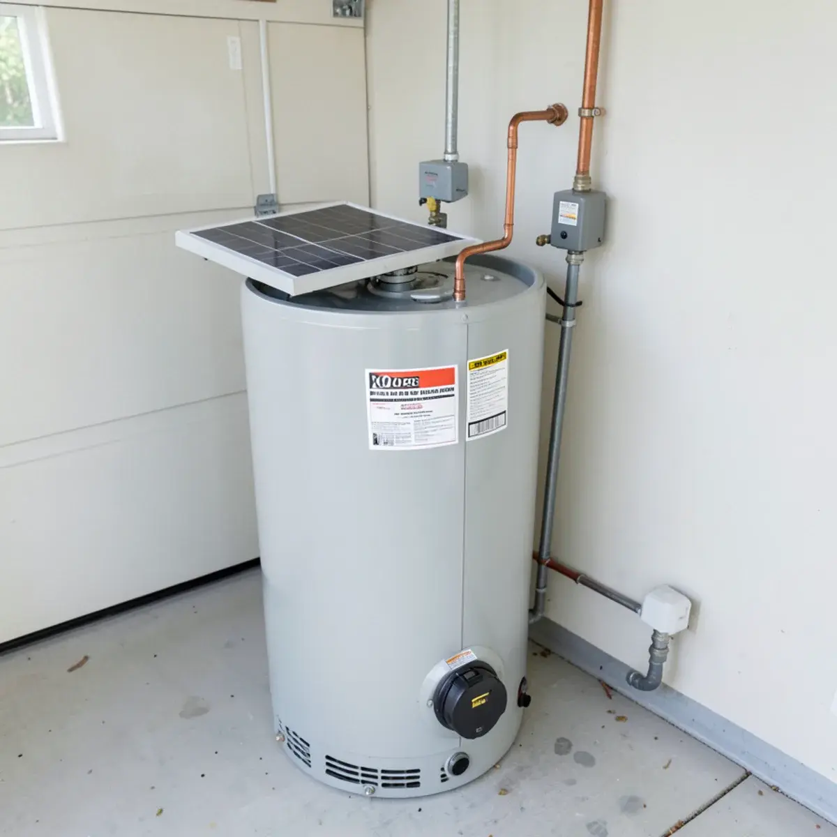 Solar hot-water storage tank and pump station in a garage