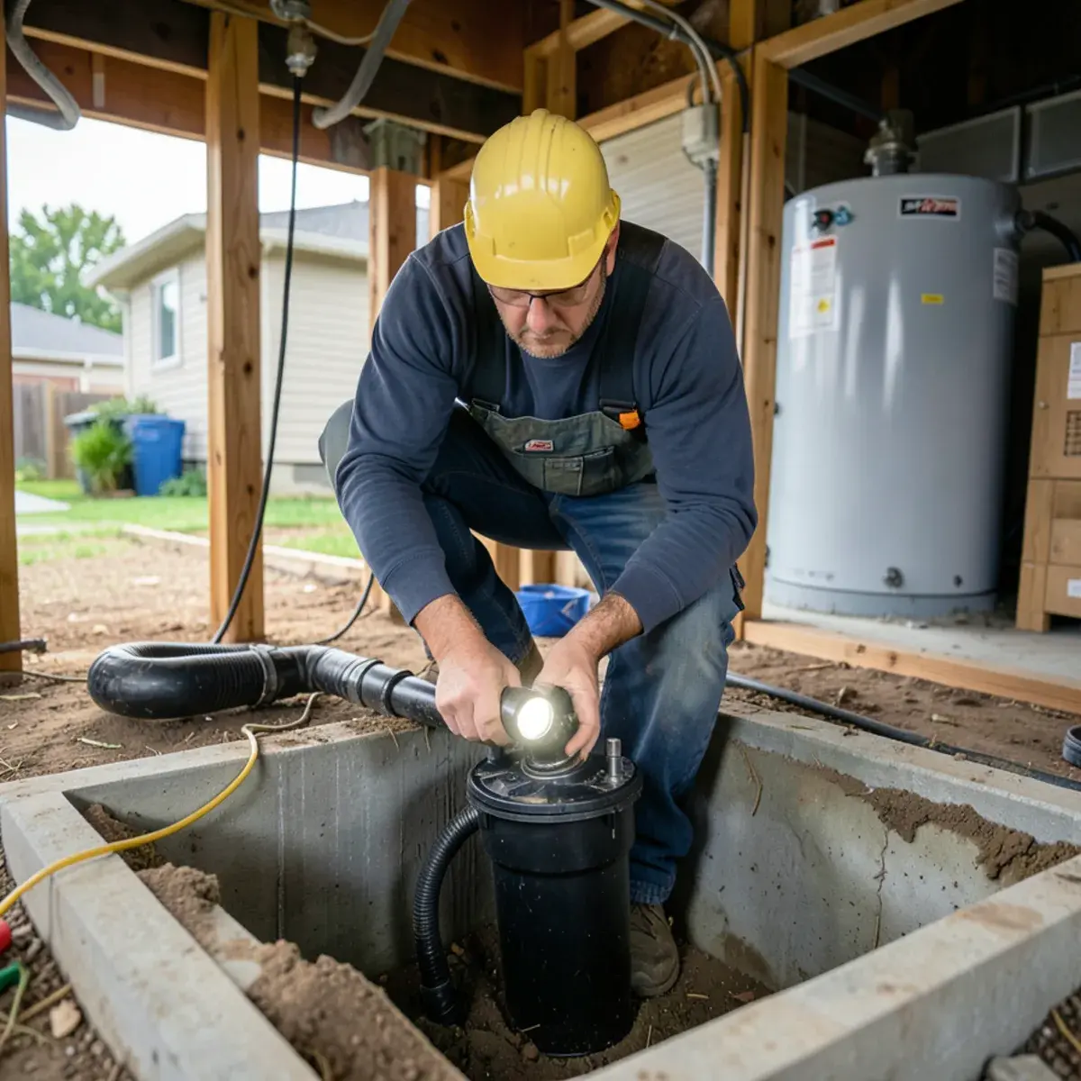 Plumber installing a sump pump in a crawlspace basin