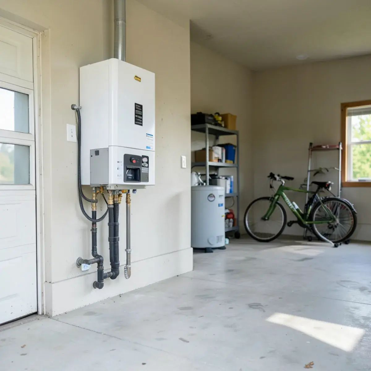 Open garage floor space after a tankless conversion