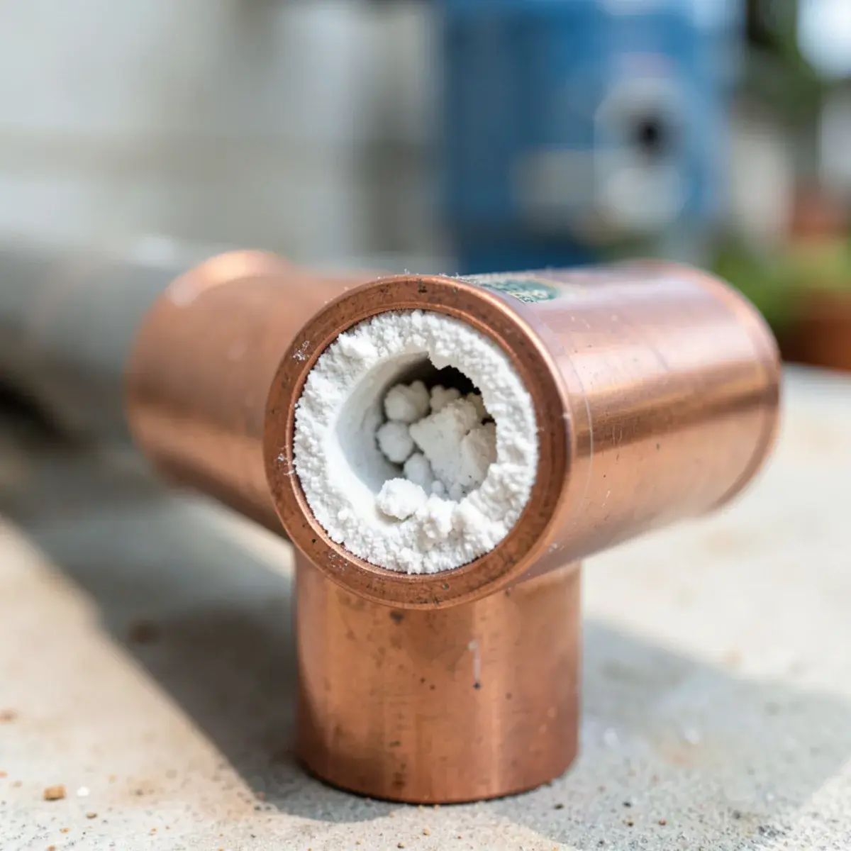 Hard-water scale buildup inside a copper pipe fitting