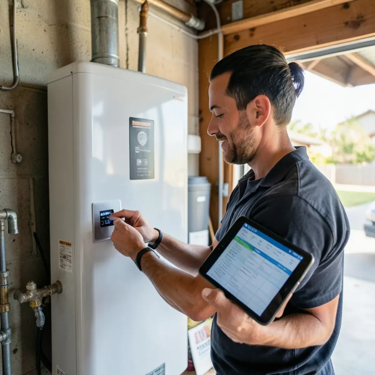 Technician reading an error code on a tankless water heater