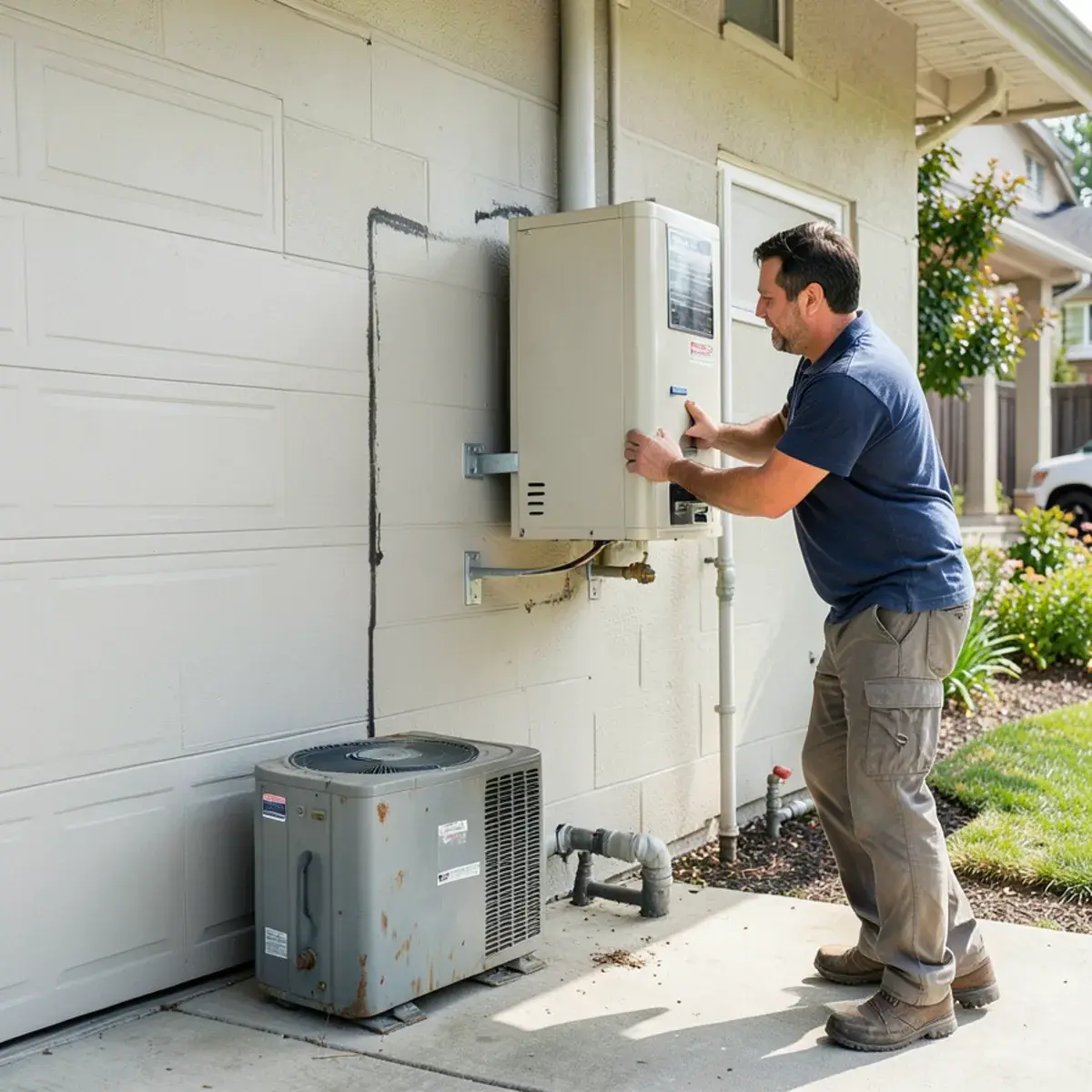 Technician replacing an older tankless water heater with a new unit