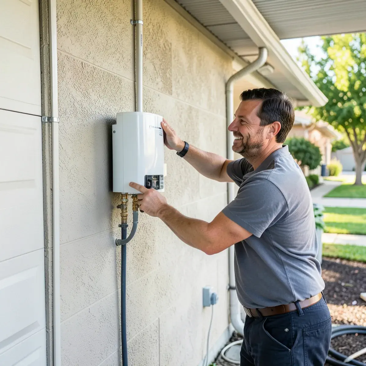 Plumber mounting a tankless unit where an old tank was removed