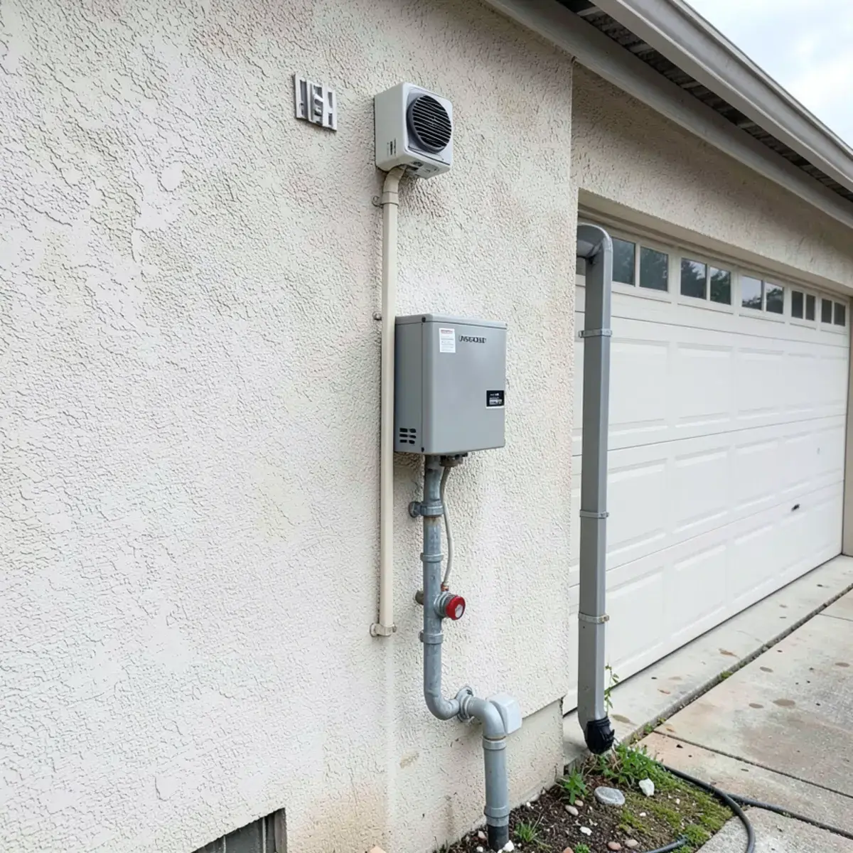 Tankless vent termination on a 1990s stucco home