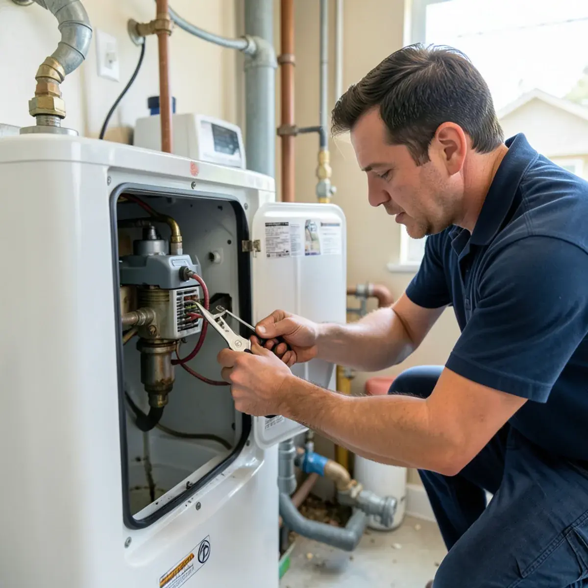 Technician removing a heating element from an electric water heater