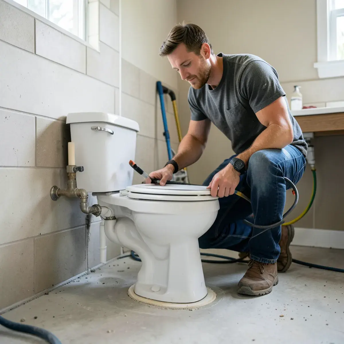 Plumber setting a new toilet in a bathroom