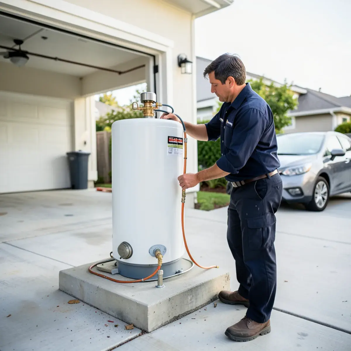 Plumber setting a new gas tank water heater on a garage platform