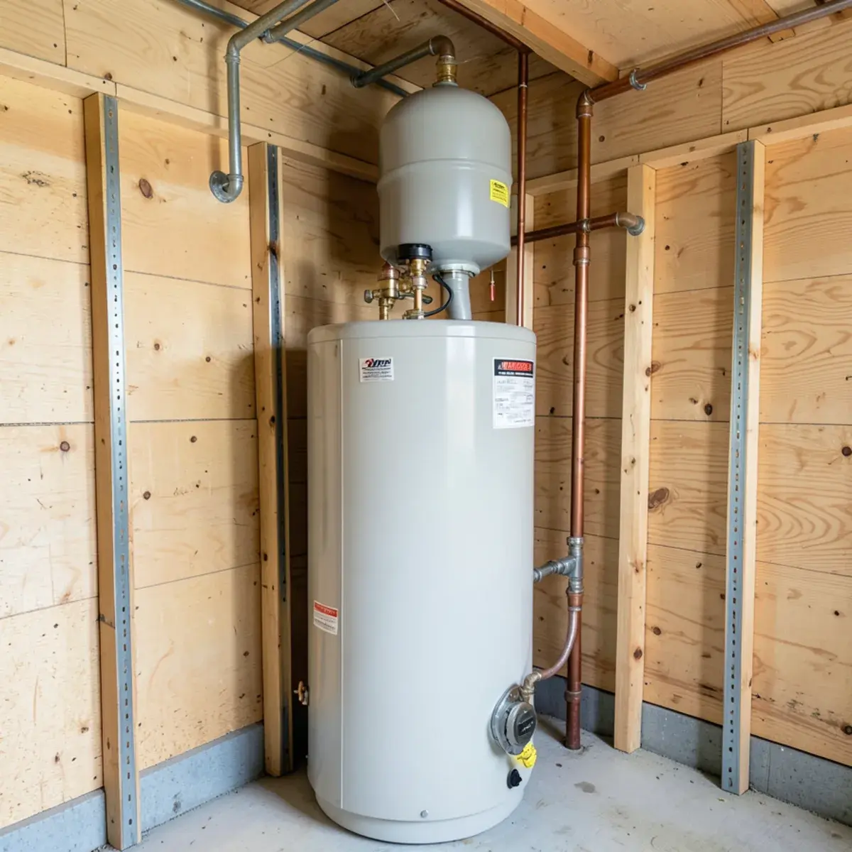 New gas water heater with two seismic straps and an expansion tank