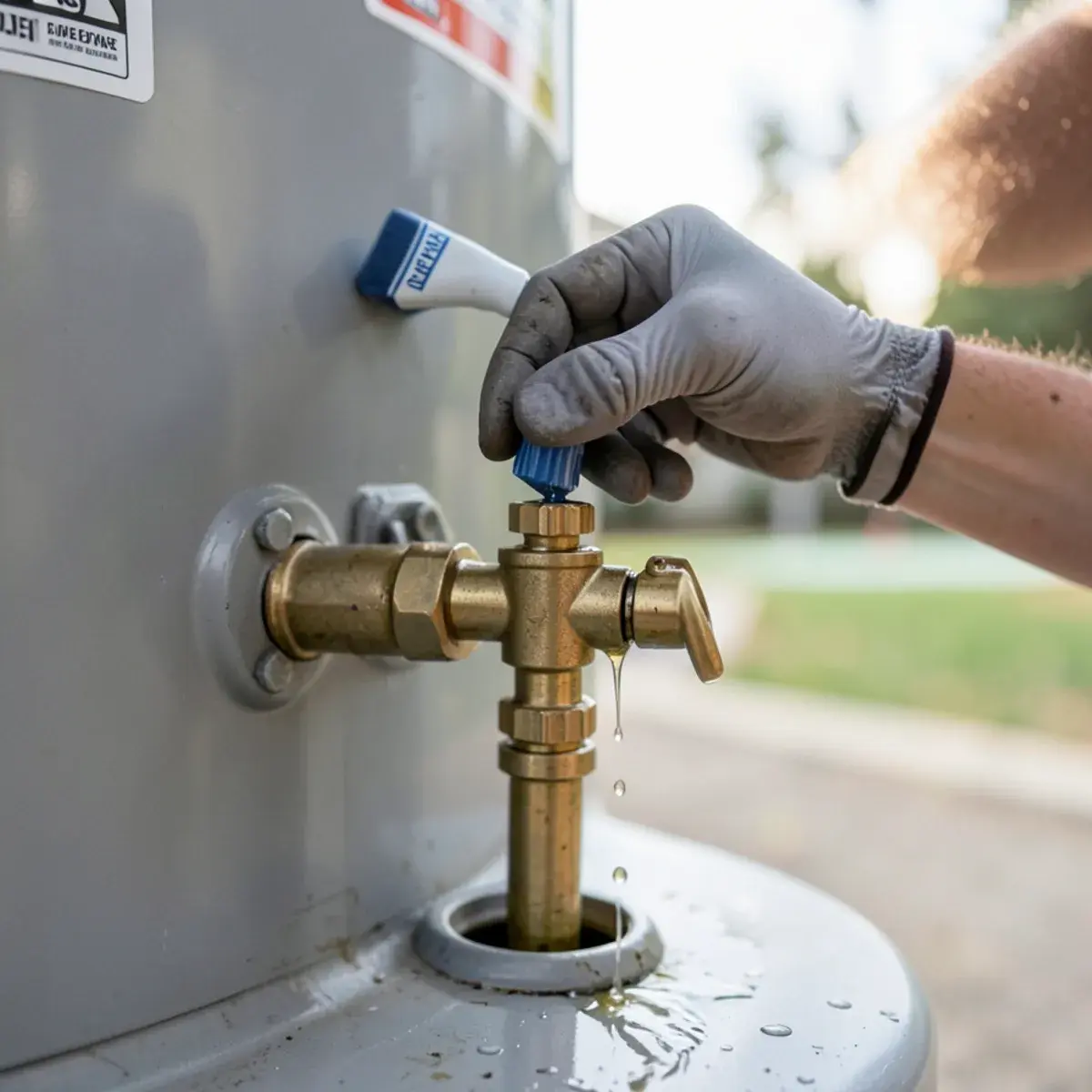 Technician leak-testing the gas connection on a new water heater