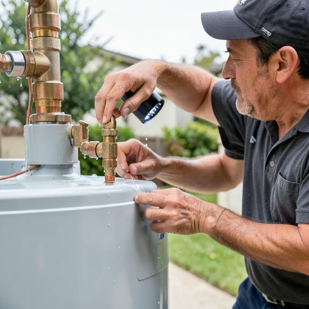Technician tracing a leak at the top fittings of a water heater