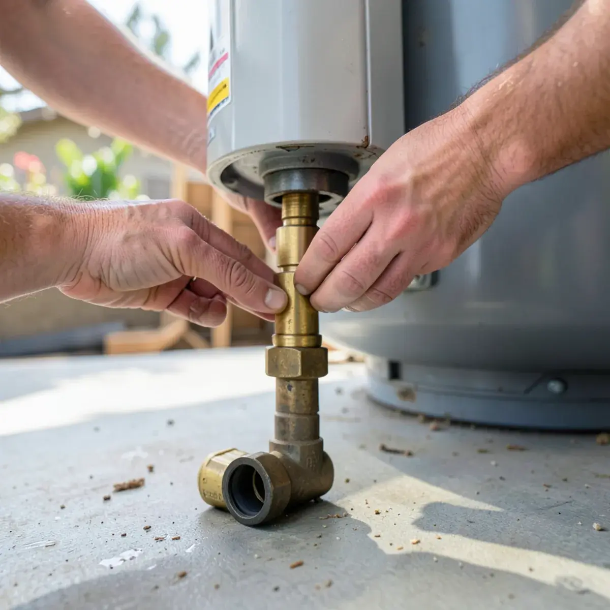 Hands installing a new drain valve on a water heater