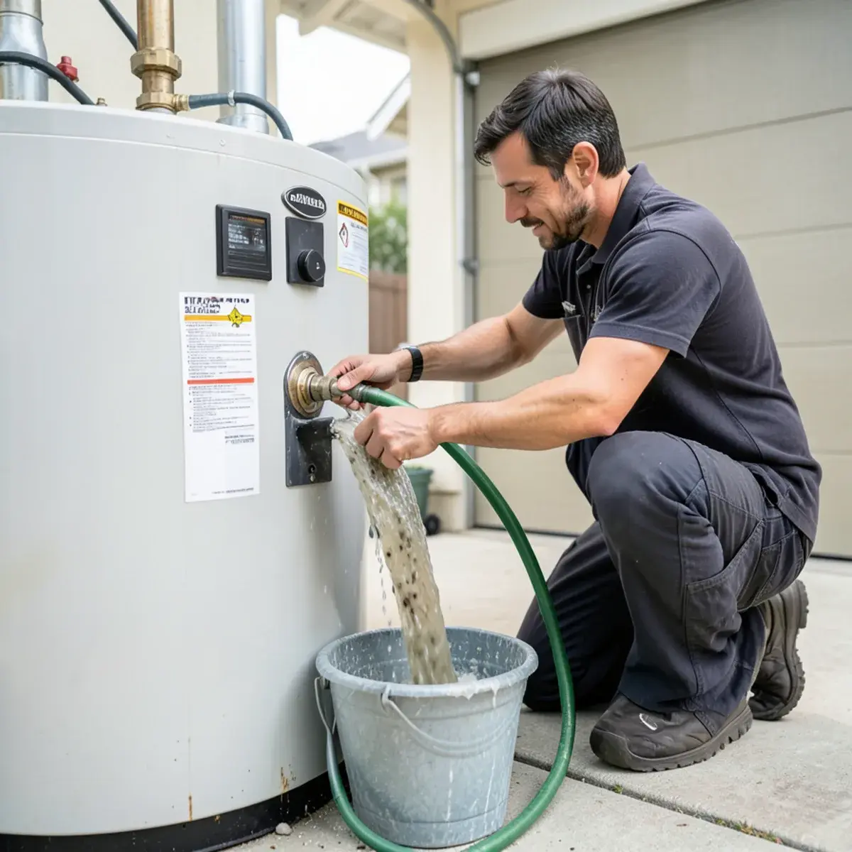 Technician flushing sediment from a tank water heater