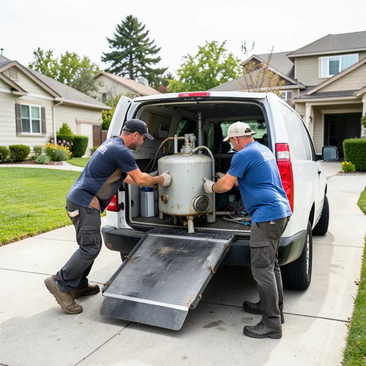 Workers loading an old water heater into a work van for haul-away