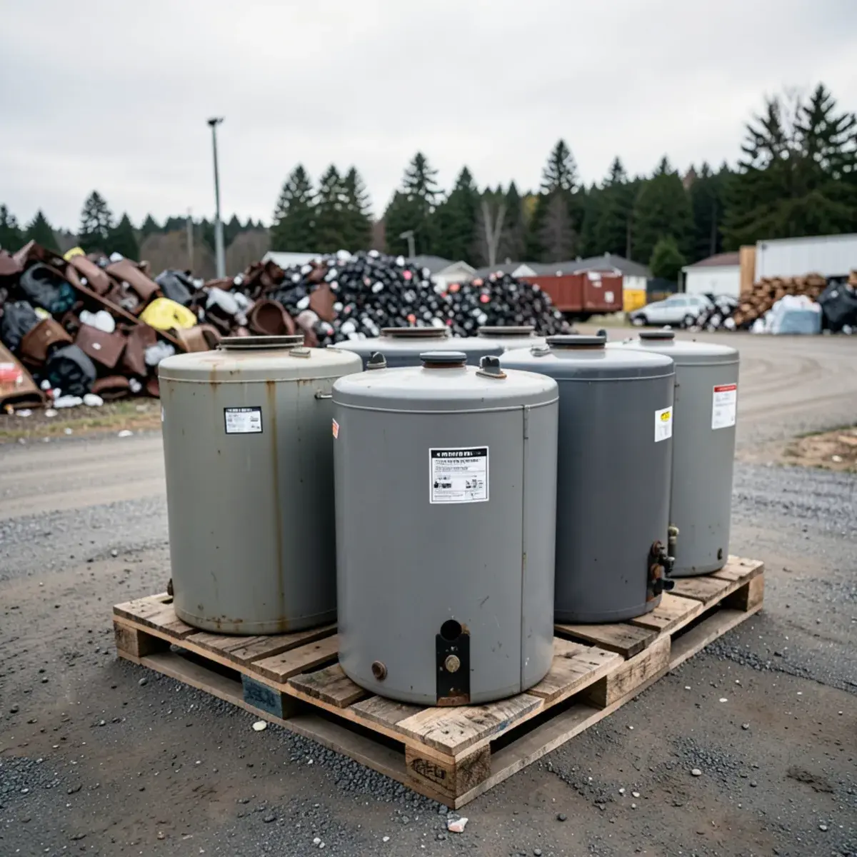 Old water heaters lined up for metal recycling