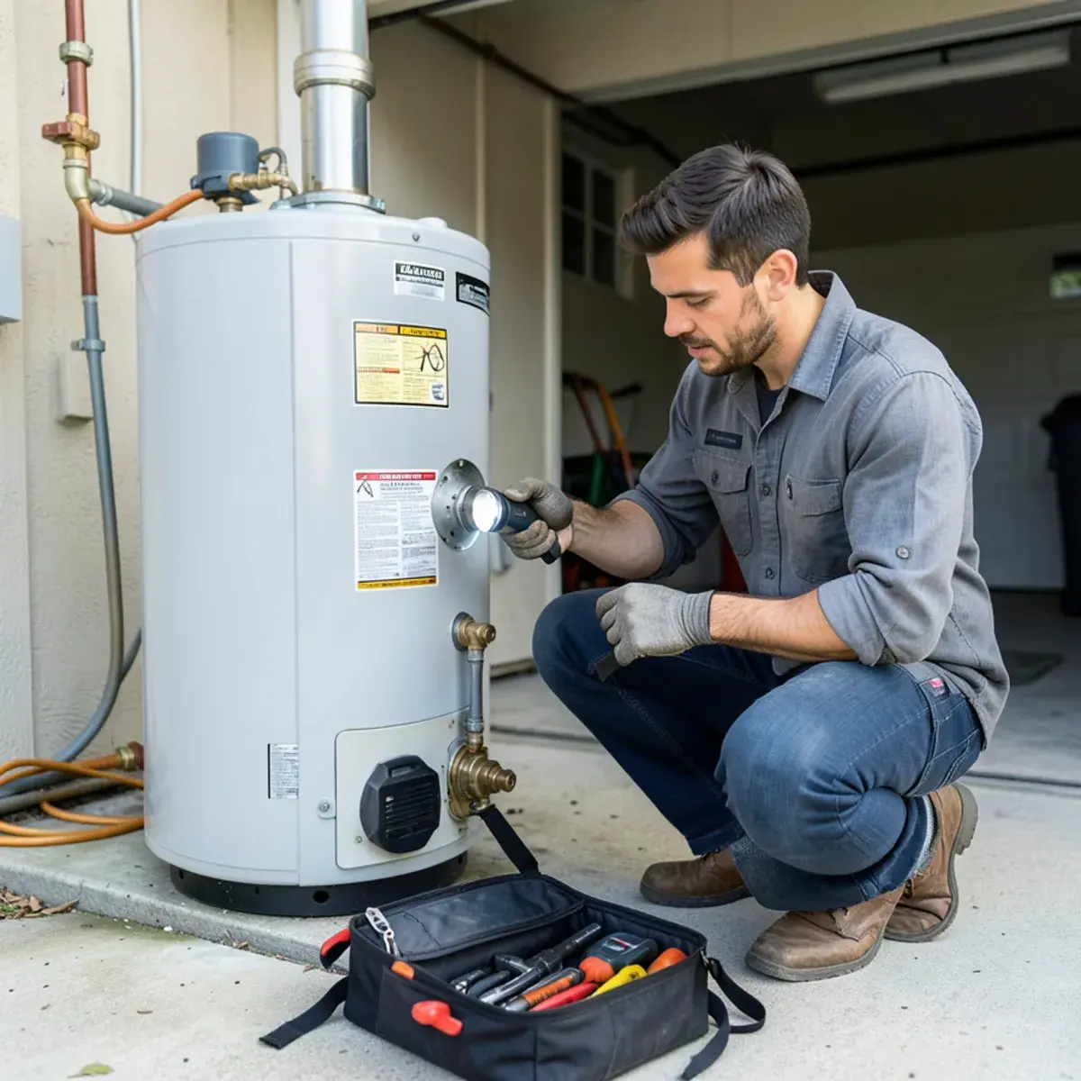 Technician inspecting the pilot assembly of a gas water heater