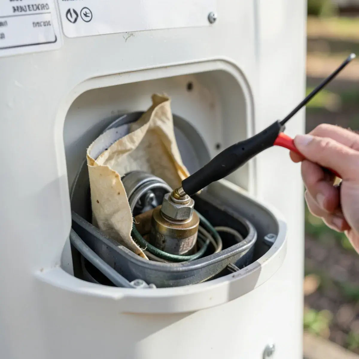 Multimeter testing an electric water heater element