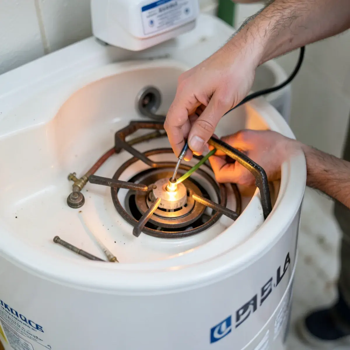 Hands replacing a thermocouple on a gas water heater