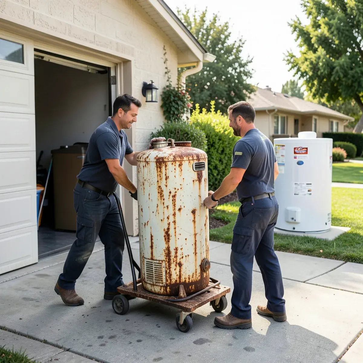 Plumbers removing an old water heater while the new unit waits in the driveway