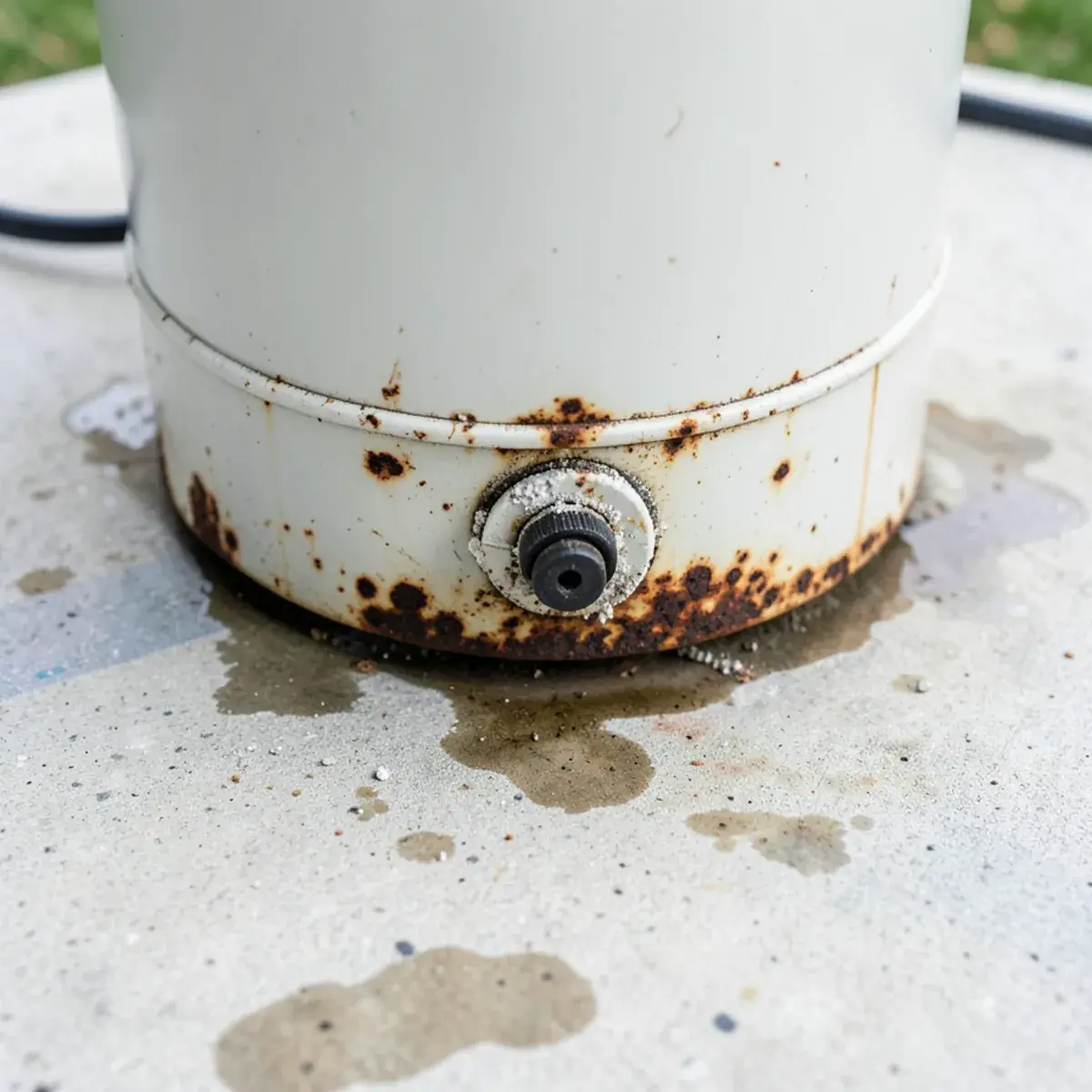 Rust and mineral crust at the base of an aging water heater
