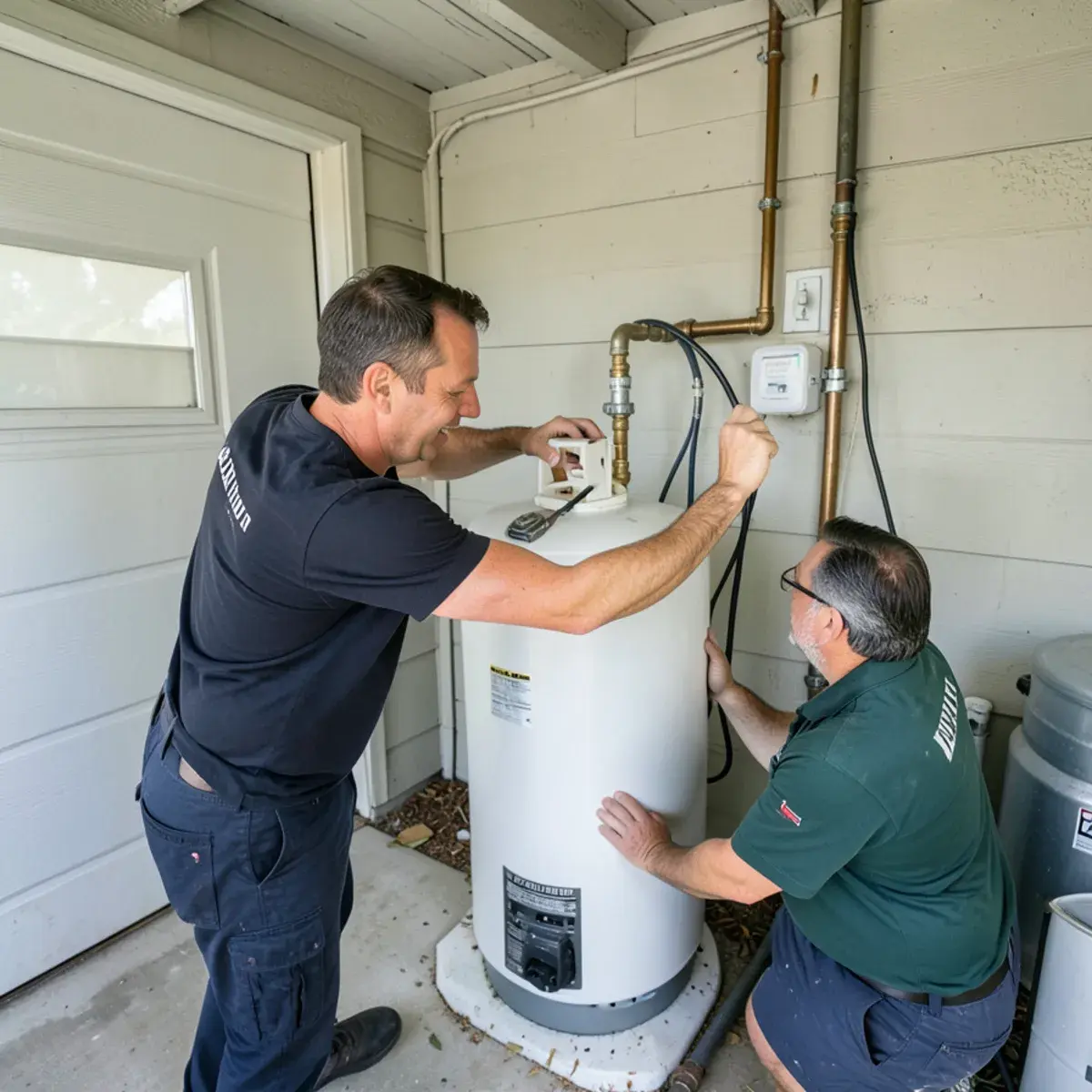 Technician strapping a new 40-gallon water heater in a small garage
