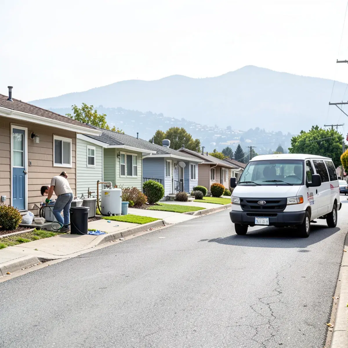 Plumbing van on a street of modest single-story homes