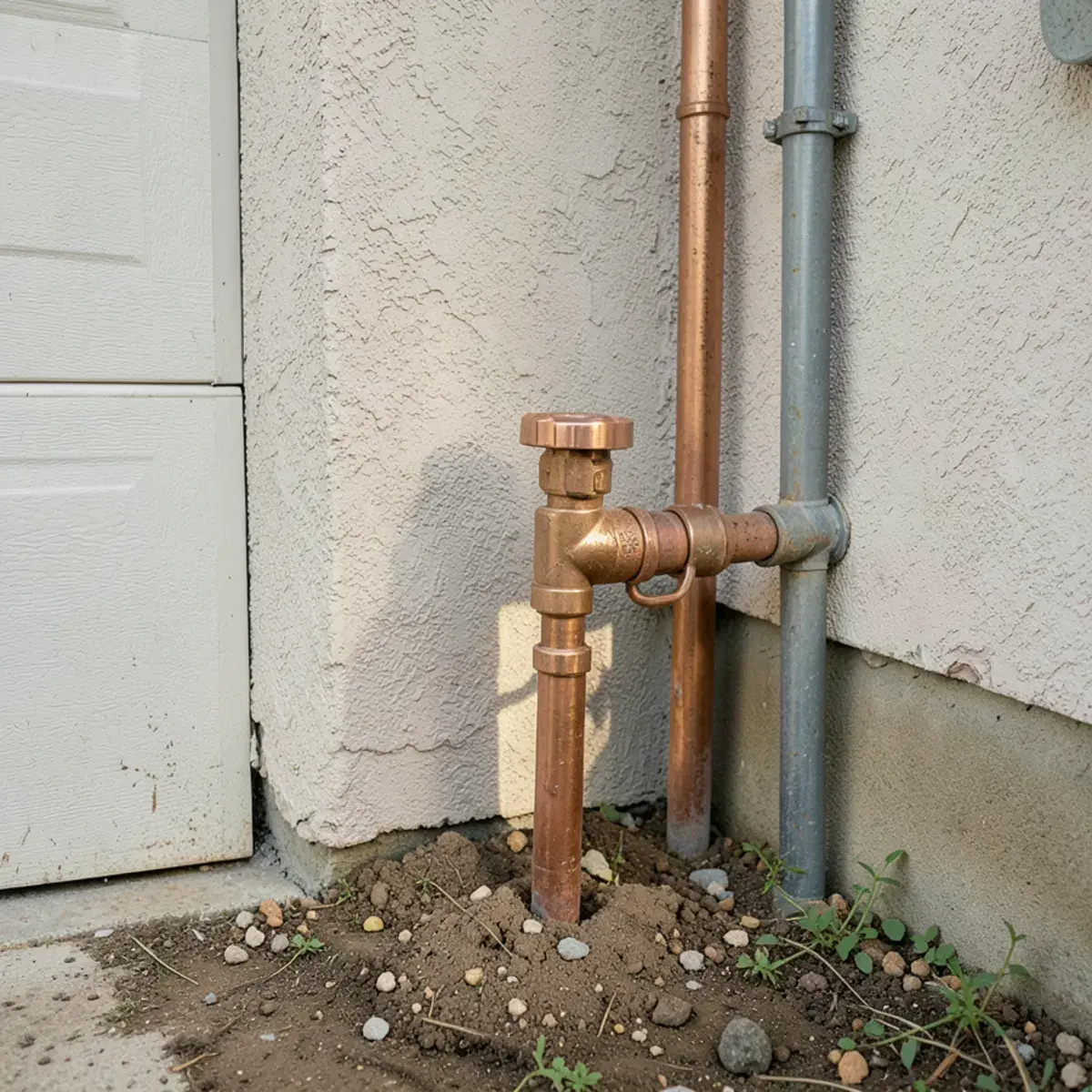 Relief-valve line routed through a garage wall to the outside