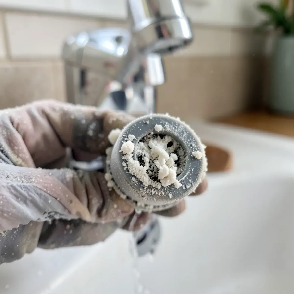 Hard-water scale on a faucet aerator