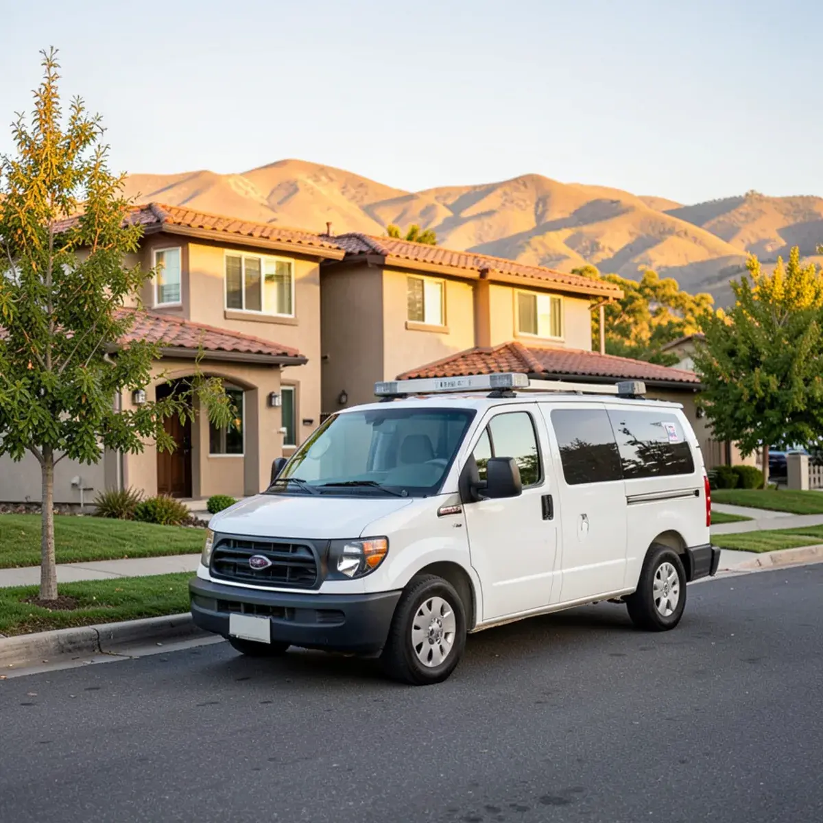 Service van outside a newer two-story home in a Brentwood-area neighborhood