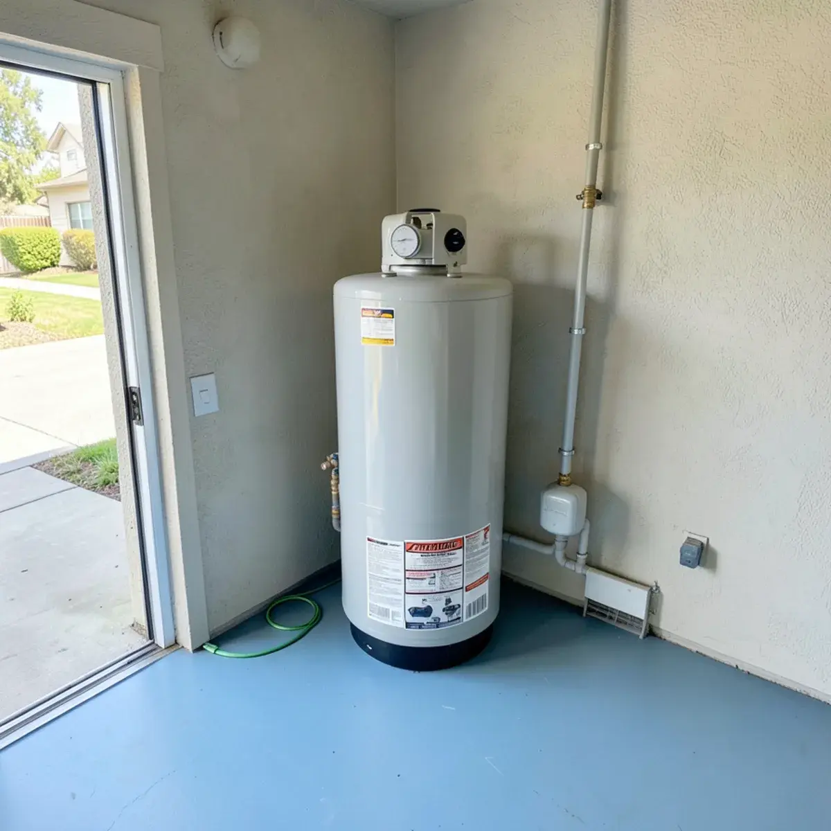 Gas water heater in the garage of a newer home