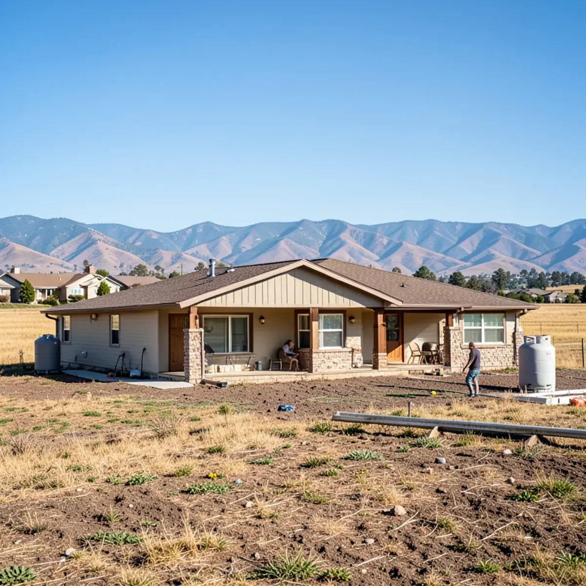 Rural ranch home with a propane tank in the side yard