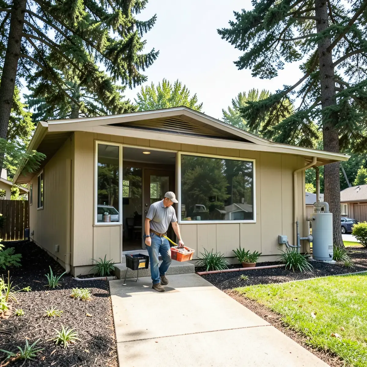 Plumber walking up to a mid-century ranch home