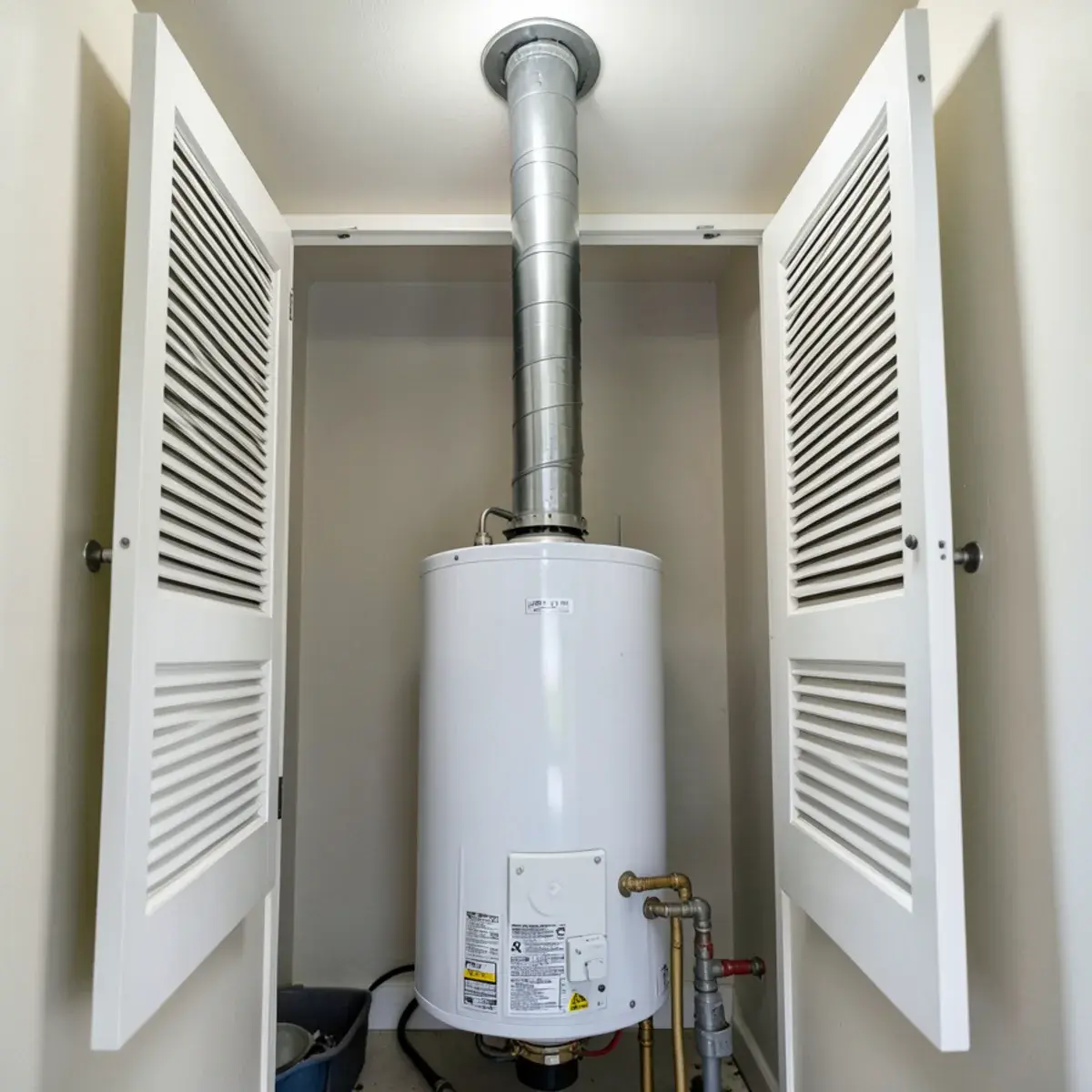 Gas water heater in an interior hall closet with louvered doors