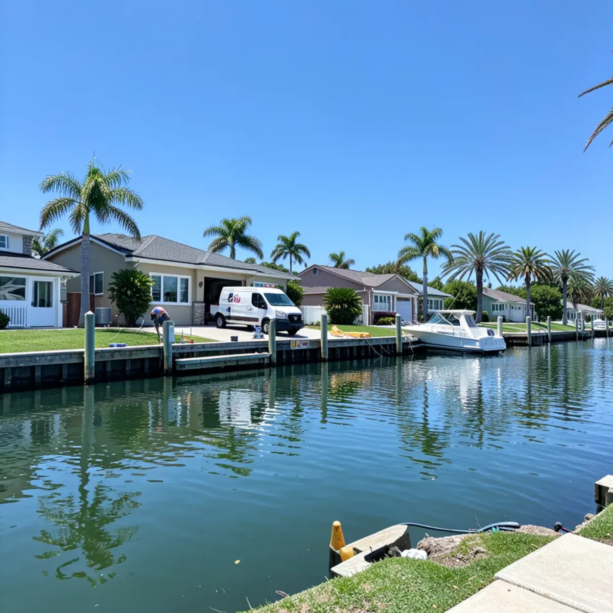 Service van at a waterfront home with a private dock