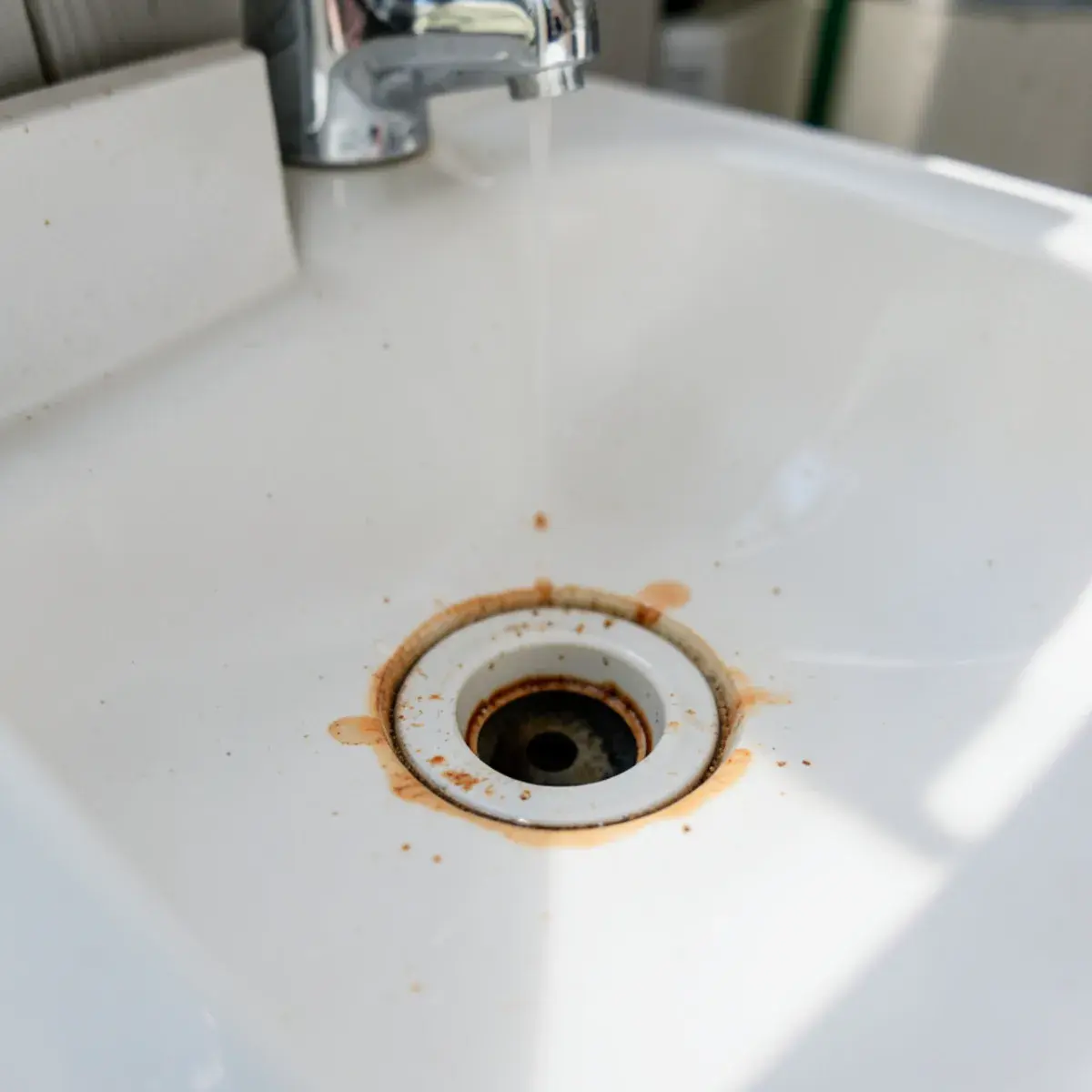 Mineral staining around a sink drain