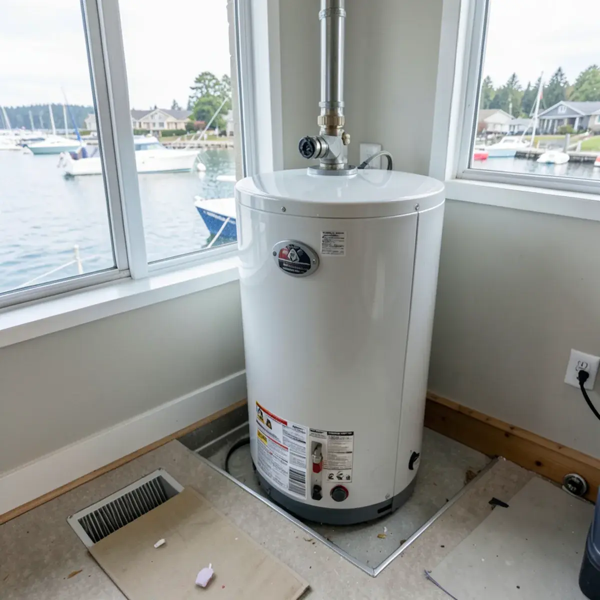 Water heater with a drain pan in a waterfront home's utility room