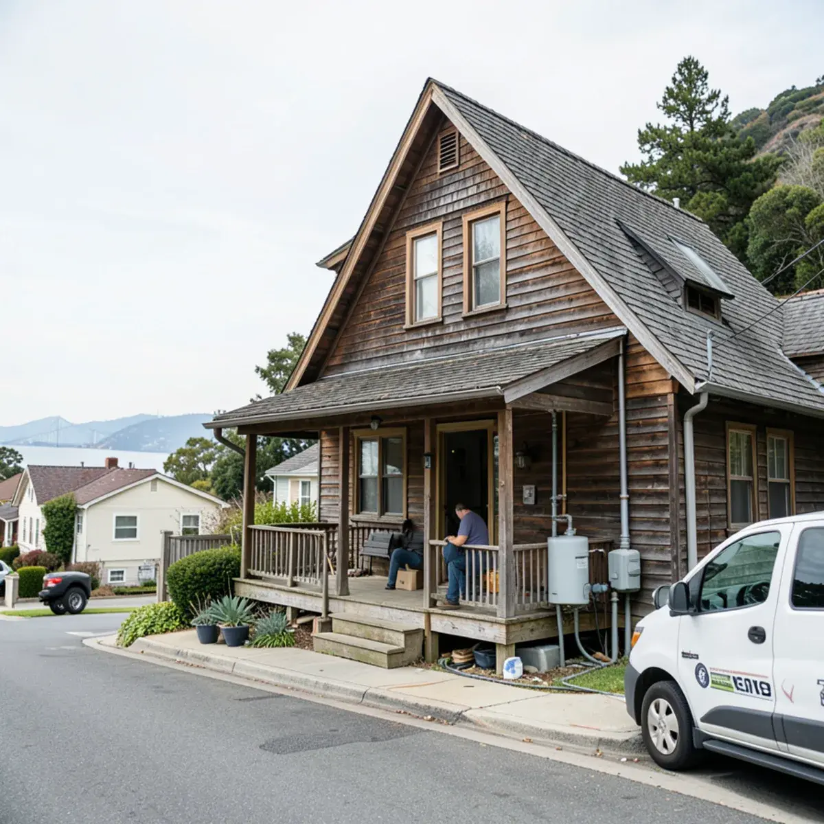 Service van in front of an older wooden home on a hillside street