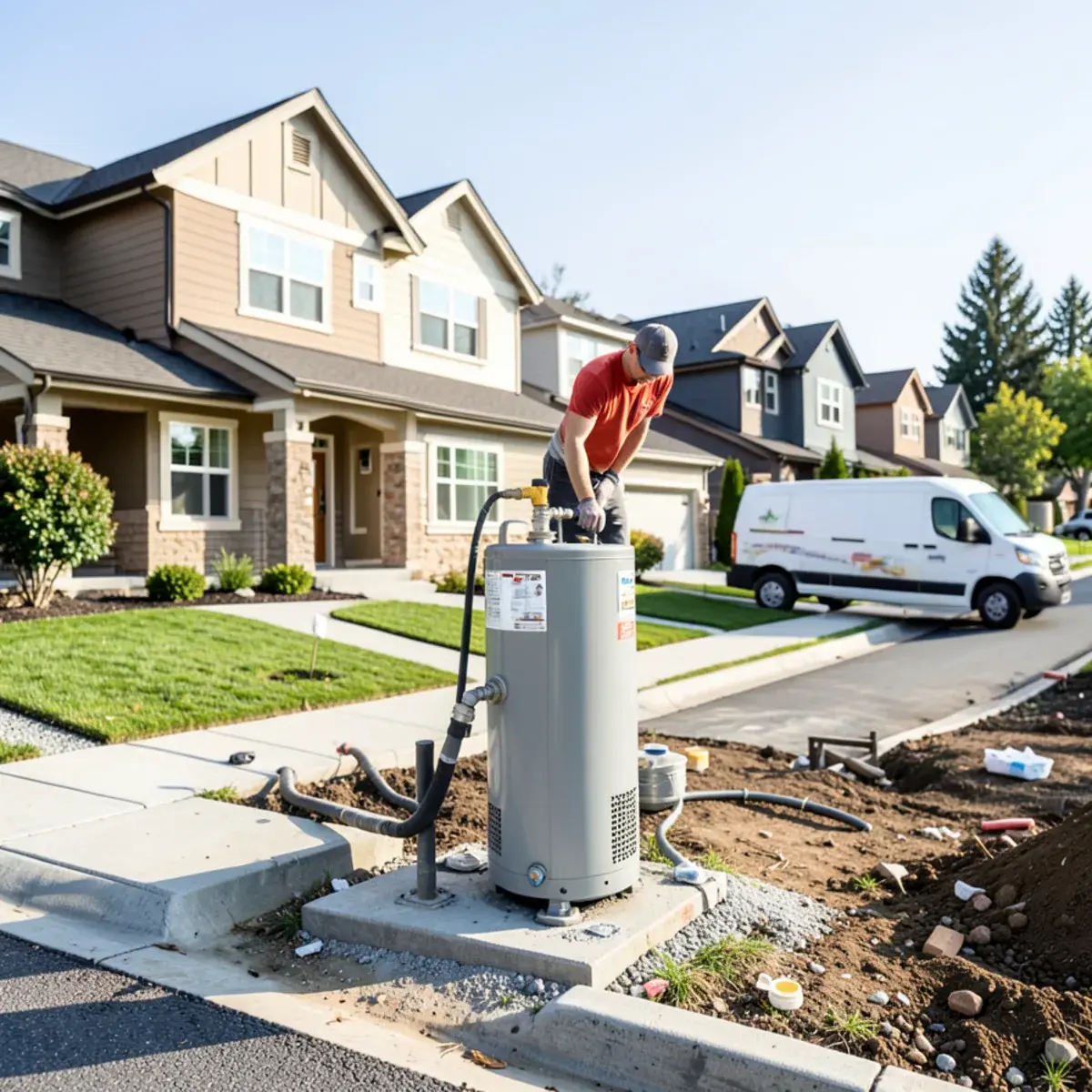 Plumbing van in a newer master-planned neighborhood