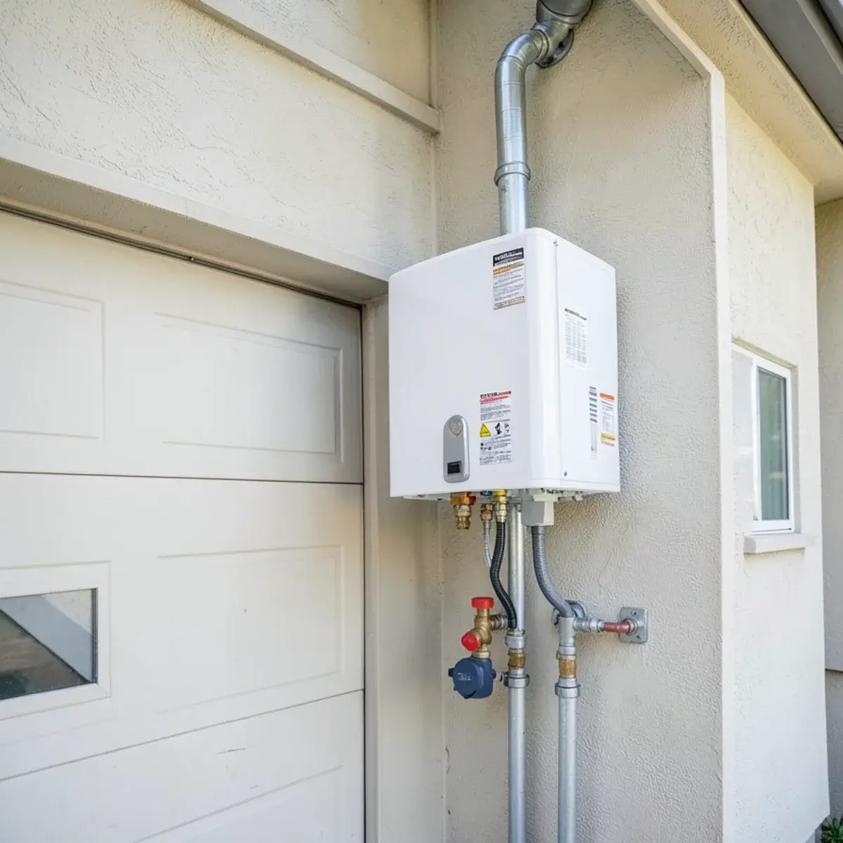 Tankless water heater on the garage wall of a newer home