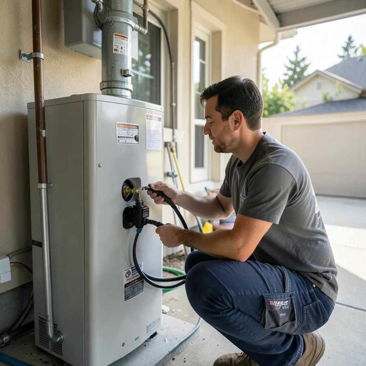 Technician connecting a descaling pump to a tankless unit