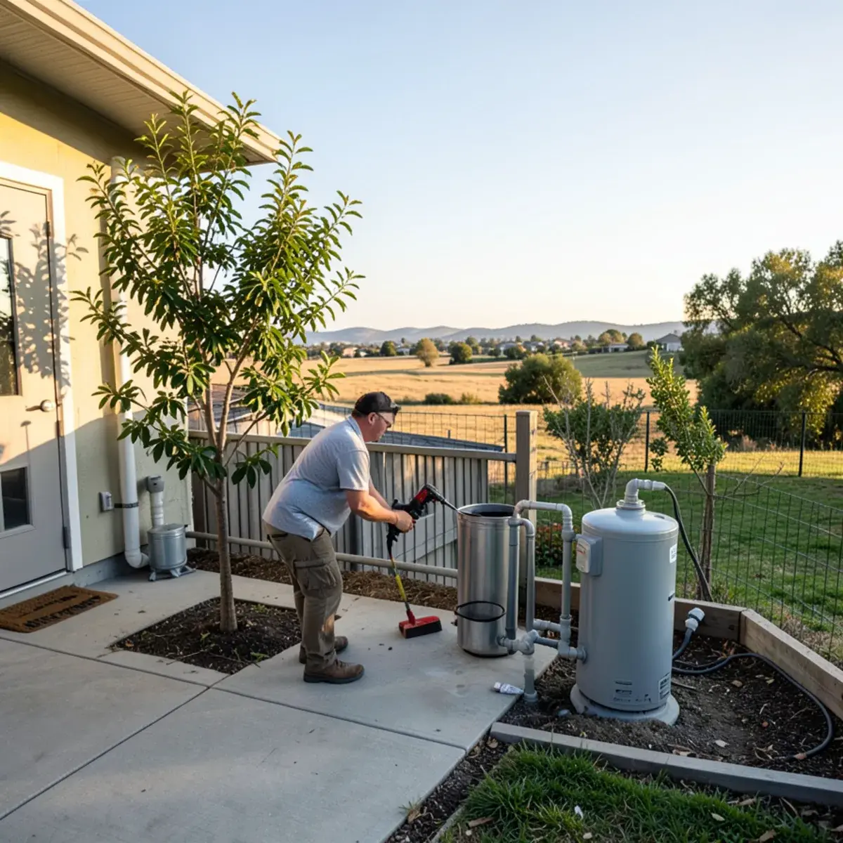 Backyard of a suburban home with the flat Delta landscape beyond