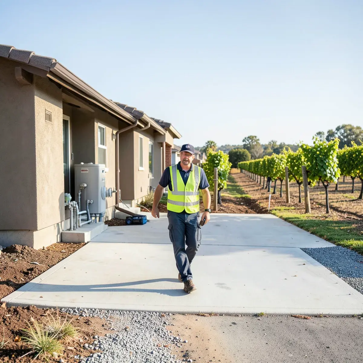 Technician walking up to a single-story home near vineyards