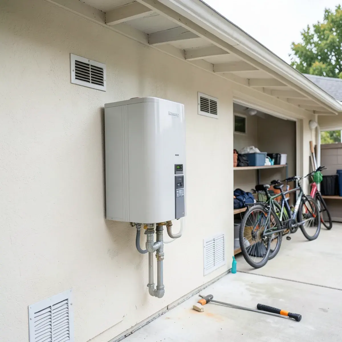 Tankless water heater on a single-story home's garage wall