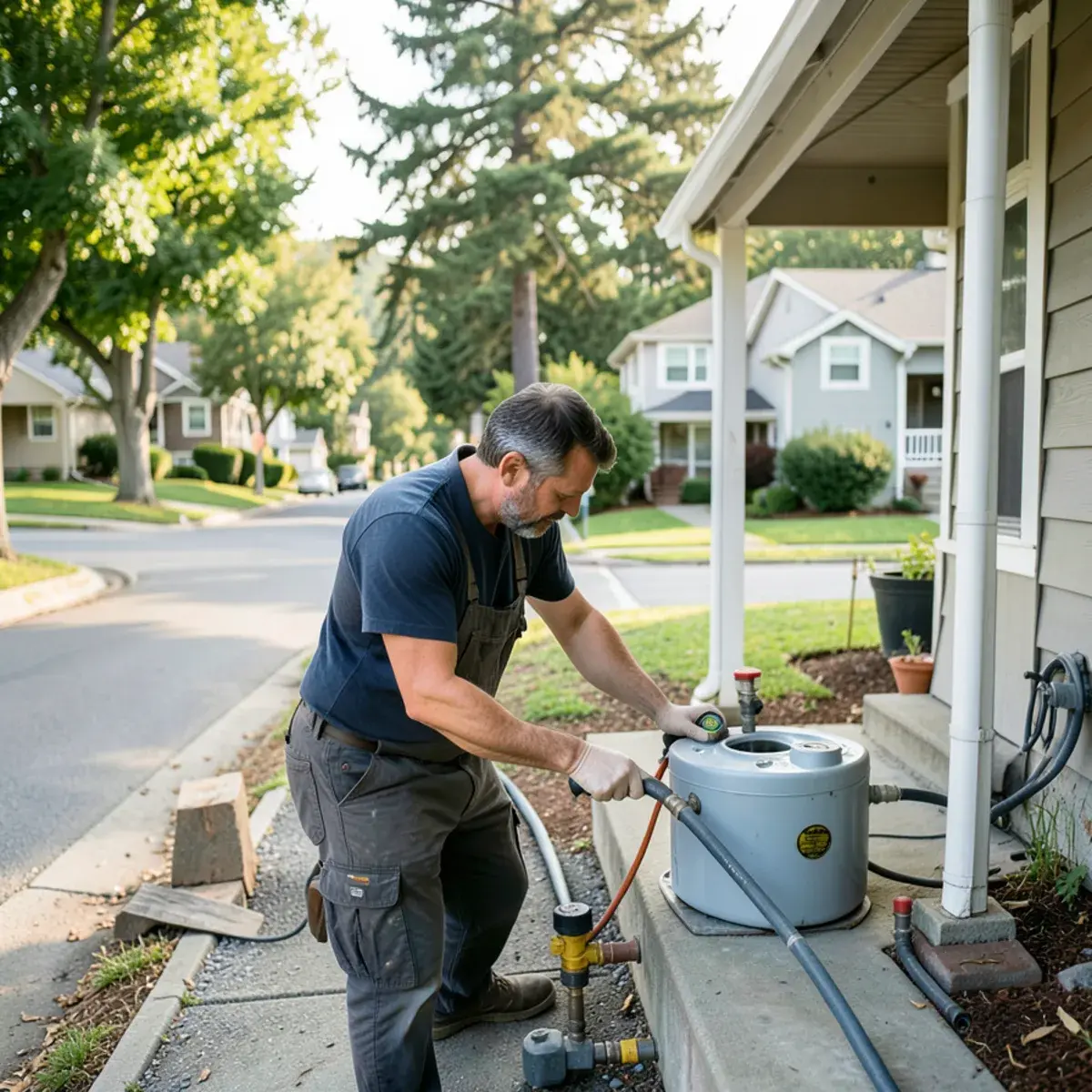Plumber at the porch of an older bungalow