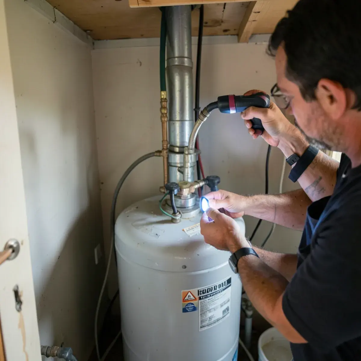 Older water heater in a cramped interior closet